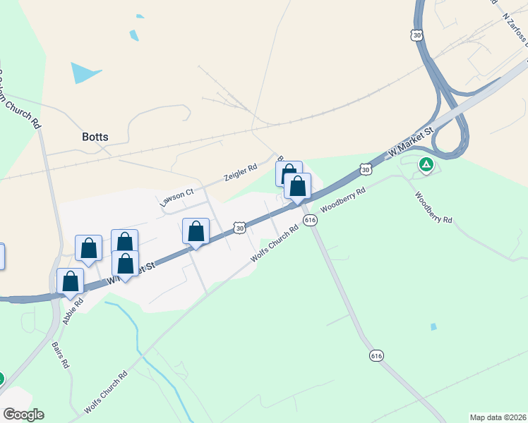 map of restaurants, bars, coffee shops, grocery stores, and more near 4125 West Market Street in York