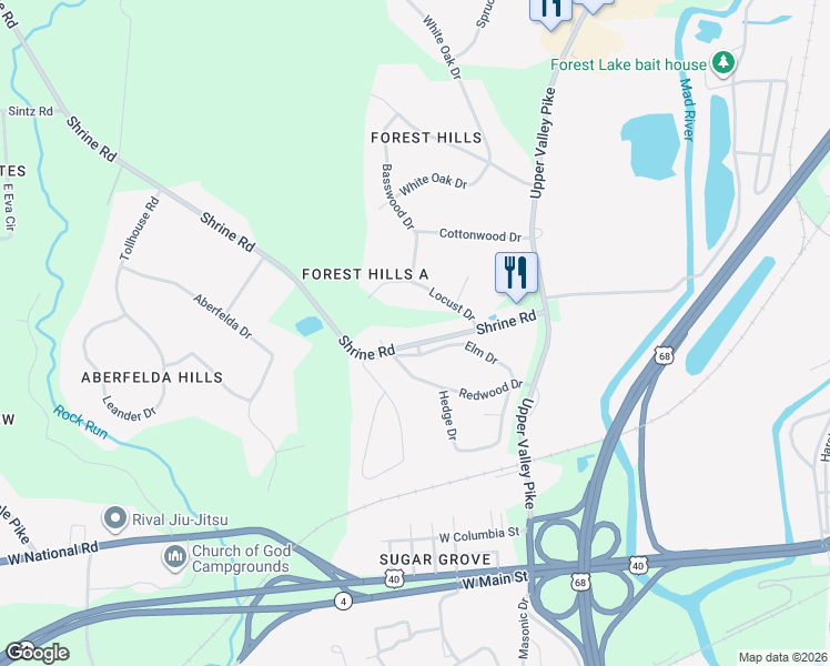 map of restaurants, bars, coffee shops, grocery stores, and more near 2865 Locust Drive in Springfield