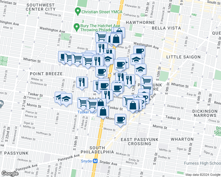 map of restaurants, bars, coffee shops, grocery stores, and more near 1415 South Broad Street in Philadelphia