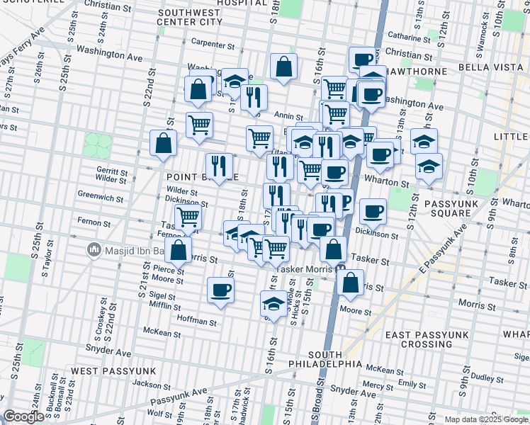 map of restaurants, bars, coffee shops, grocery stores, and more near 1448 South 17th Street in Philadelphia