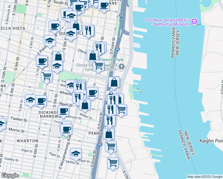 map of restaurants, bars, coffee shops, grocery stores, and more near 1100R South Christopher Columbus Boulevard in Philadelphia