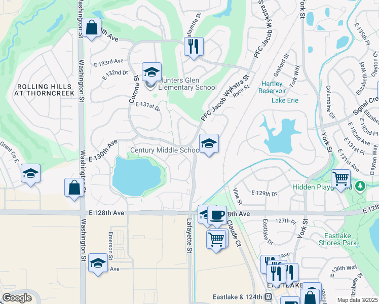 map of restaurants, bars, coffee shops, grocery stores, and more near 12955 Lafayette Street in Denver