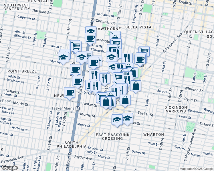map of restaurants, bars, coffee shops, grocery stores, and more near Reed Street & South 12th Street in Philadelphia