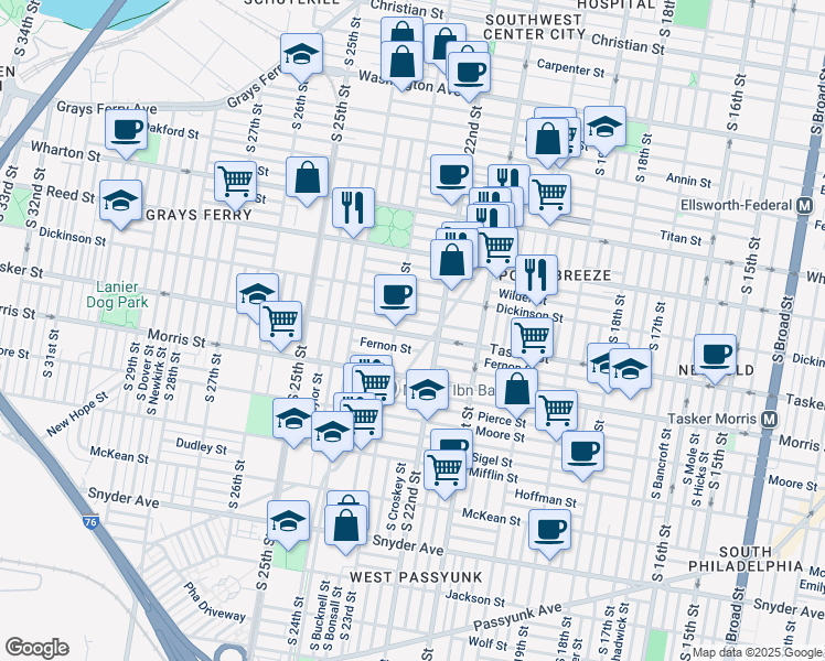 map of restaurants, bars, coffee shops, grocery stores, and more near 2225 Tasker Street in Philadelphia