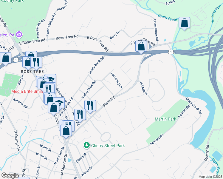 map of restaurants, bars, coffee shops, grocery stores, and more near 813 Valley View Road in Media