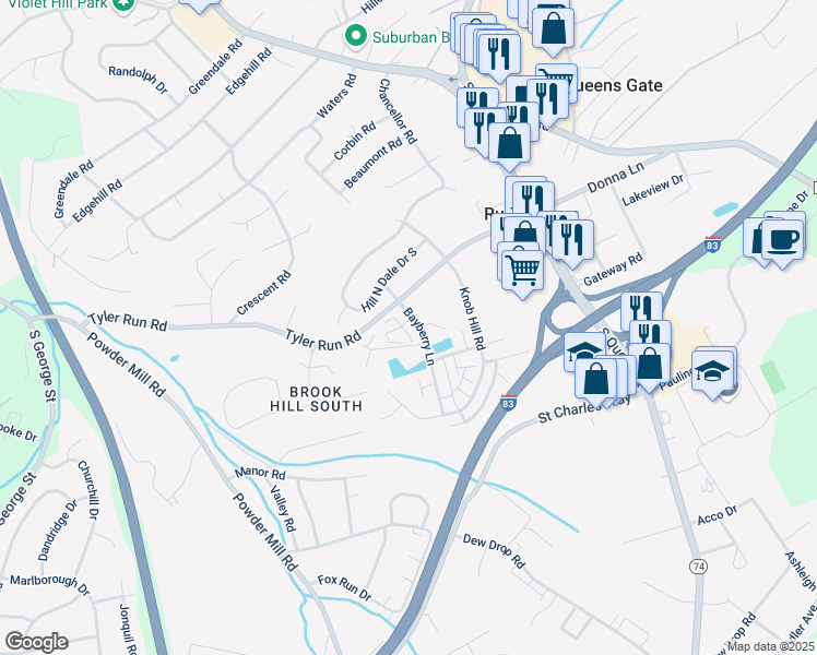 map of restaurants, bars, coffee shops, grocery stores, and more near 2148 Bayberry Lane in York
