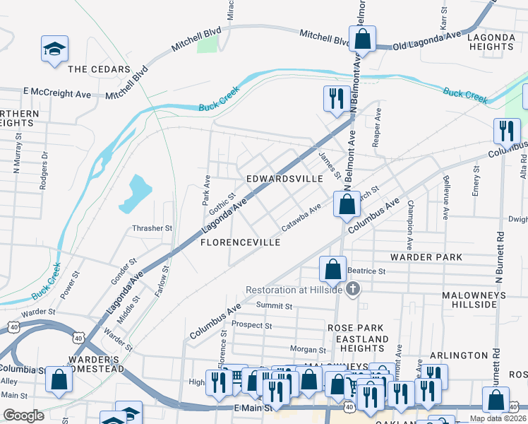 map of restaurants, bars, coffee shops, grocery stores, and more near 1587 Lagonda Avenue in Springfield