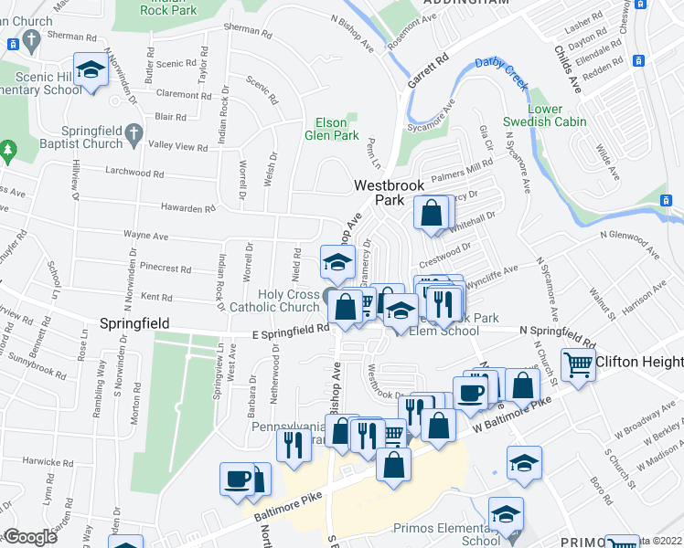 map of restaurants, bars, coffee shops, grocery stores, and more near 269 North Bishop Avenue in Clifton Heights