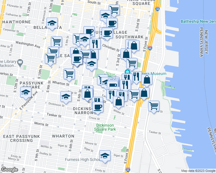 map of restaurants, bars, coffee shops, grocery stores, and more near 323 Titan Street in Philadelphia