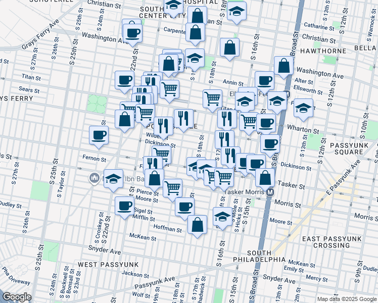 map of restaurants, bars, coffee shops, grocery stores, and more near 1515 Dorrance Street in Philadelphia