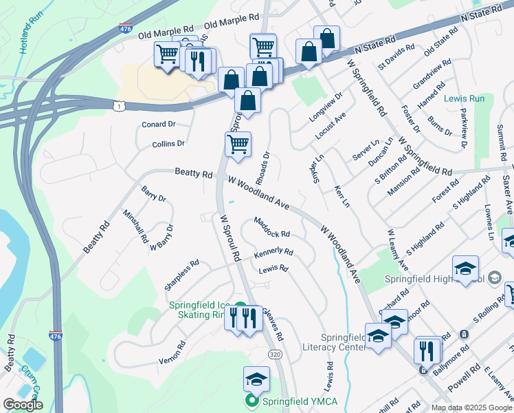 map of restaurants, bars, coffee shops, grocery stores, and more near 600 West Woodland Avenue in Springfield