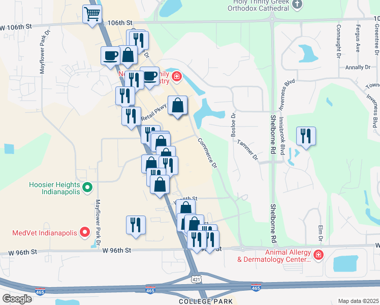 map of restaurants, bars, coffee shops, grocery stores, and more near 9895 North Michigan Road in Carmel