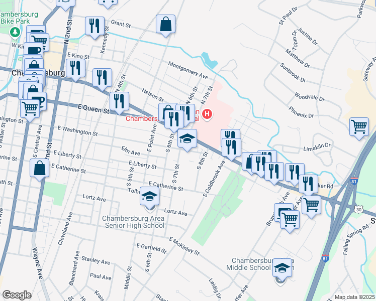 map of restaurants, bars, coffee shops, grocery stores, and more near 730 East Washington Street in Chambersburg