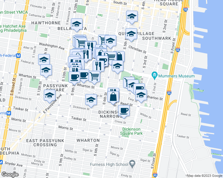 map of restaurants, bars, coffee shops, grocery stores, and more near 527 Wharton Street in Philadelphia