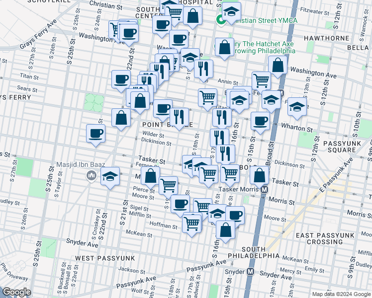 map of restaurants, bars, coffee shops, grocery stores, and more near 1818 Dickinson Street in Philadelphia