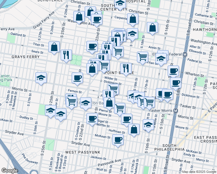 map of restaurants, bars, coffee shops, grocery stores, and more near 1524 South Woodstock Street in Philadelphia