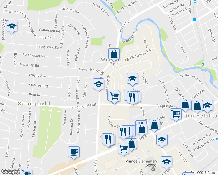 map of restaurants, bars, coffee shops, grocery stores, and more near 253 Gramercy Drive in Clifton Heights