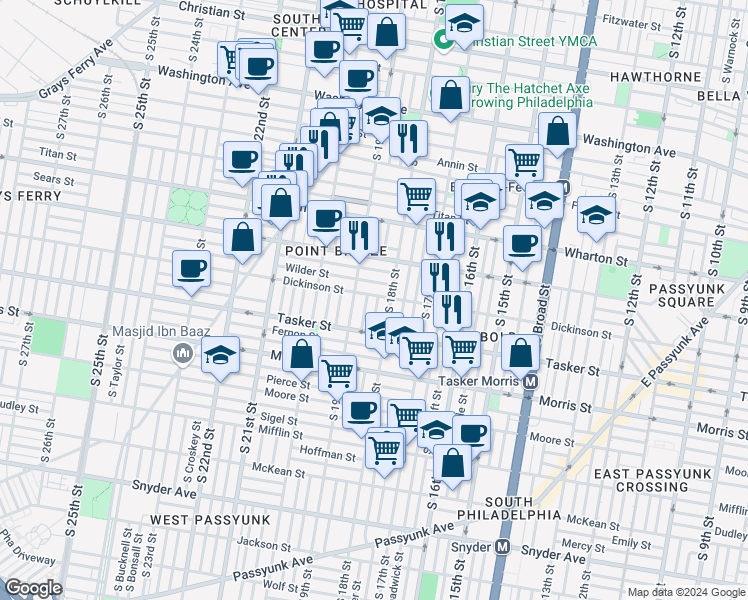map of restaurants, bars, coffee shops, grocery stores, and more near 1816 Dickinson Street in Philadelphia