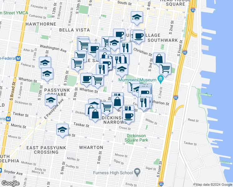 map of restaurants, bars, coffee shops, grocery stores, and more near 523 Wharton Street in Philadelphia
