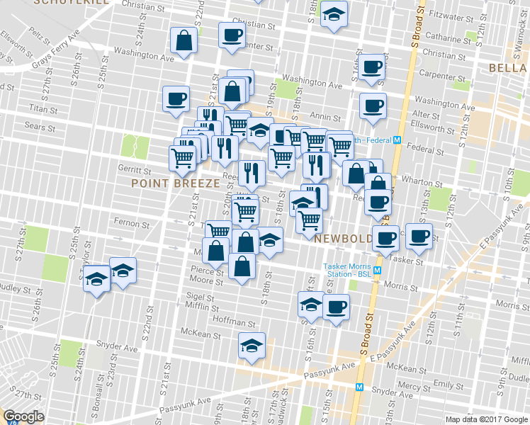 map of restaurants, bars, coffee shops, grocery stores, and more near 1820 Dickinson Street in Philadelphia