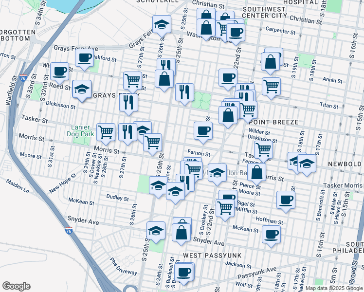 map of restaurants, bars, coffee shops, grocery stores, and more near 1602 South 24th Street in Philadelphia