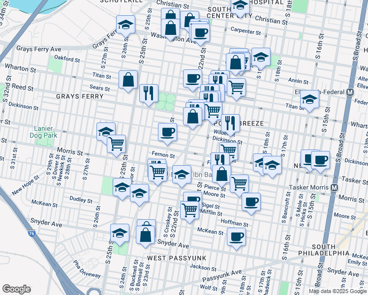 map of restaurants, bars, coffee shops, grocery stores, and more near 1532 Point Breeze Avenue in Philadelphia