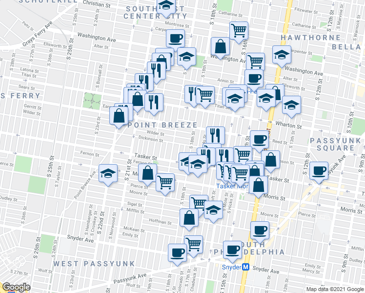 map of restaurants, bars, coffee shops, grocery stores, and more near 1818 Dickinson Street in Philadelphia