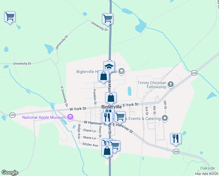 map of restaurants, bars, coffee shops, grocery stores, and more near 104 North Main Street in Biglerville