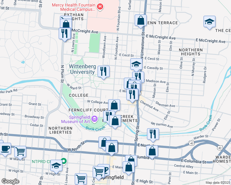 map of restaurants, bars, coffee shops, grocery stores, and more near 702 North Fountain Avenue in Springfield