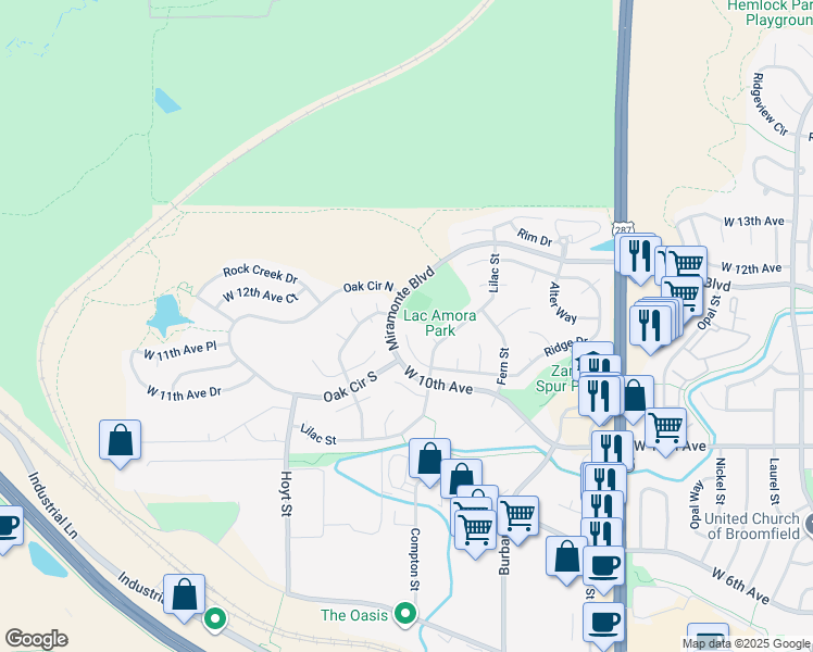 map of restaurants, bars, coffee shops, grocery stores, and more near 2892 Ridge Drive in Broomfield