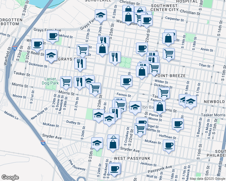 map of restaurants, bars, coffee shops, grocery stores, and more near 1602 South 24th Street in Philadelphia
