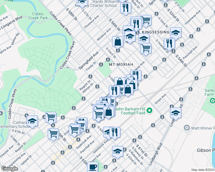 map of restaurants, bars, coffee shops, grocery stores, and more near 2033 South Salford Street in Philadelphia