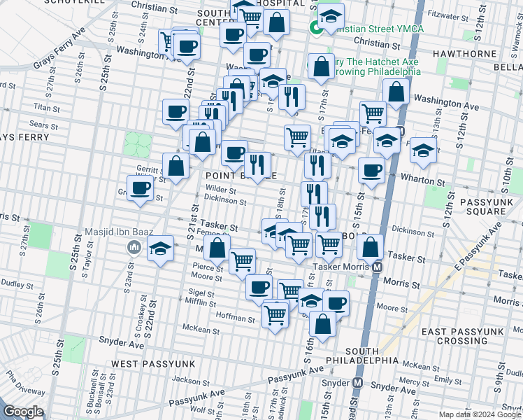 map of restaurants, bars, coffee shops, grocery stores, and more near 1826 Dickinson Street in Philadelphia