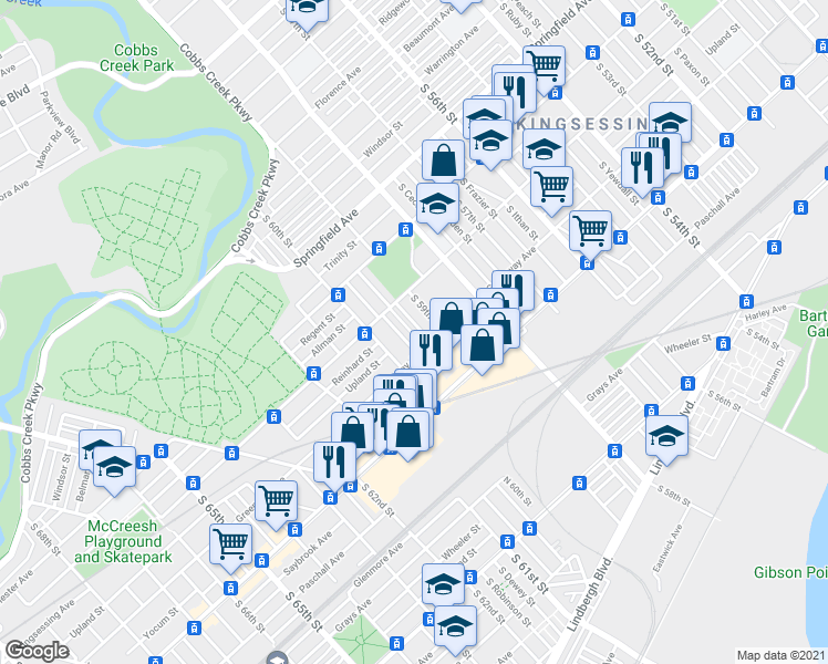map of restaurants, bars, coffee shops, grocery stores, and more near 2038 South Redfield Street in Philadelphia