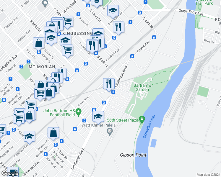 map of restaurants, bars, coffee shops, grocery stores, and more near 2222 South 56th Street in Philadelphia