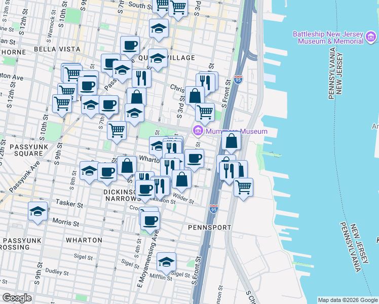 map of restaurants, bars, coffee shops, grocery stores, and more near 231 Federal Street in Philadelphia