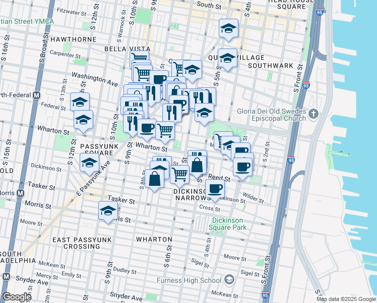 map of restaurants, bars, coffee shops, grocery stores, and more near 1226 South 6th Street in Philadelphia