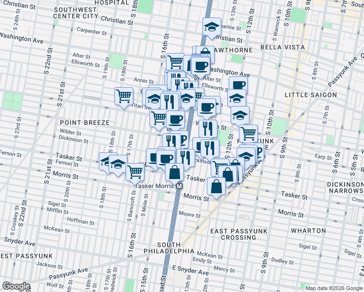 map of restaurants, bars, coffee shops, grocery stores, and more near 1336 South Broad Street in Philadelphia