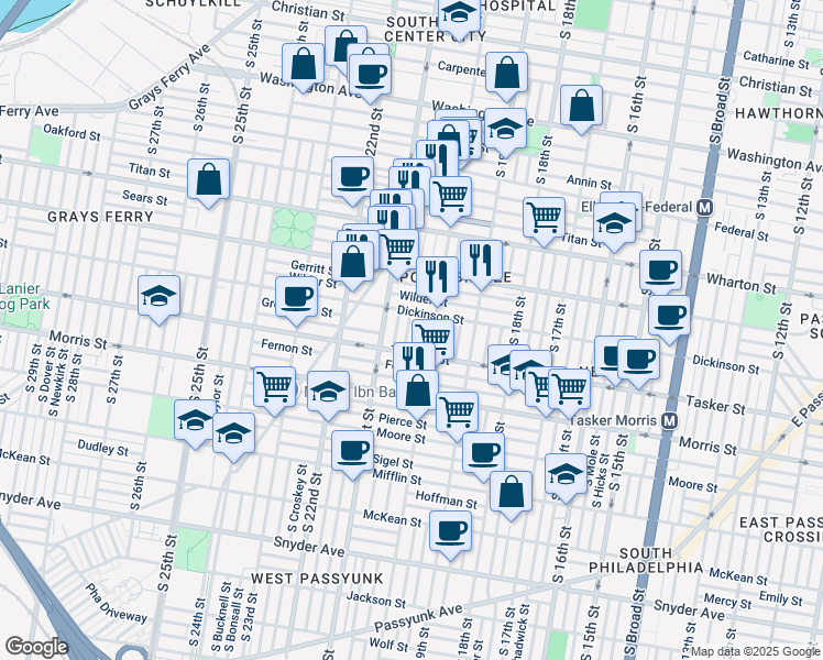 map of restaurants, bars, coffee shops, grocery stores, and more near 2020 Dickinson Street in Philadelphia