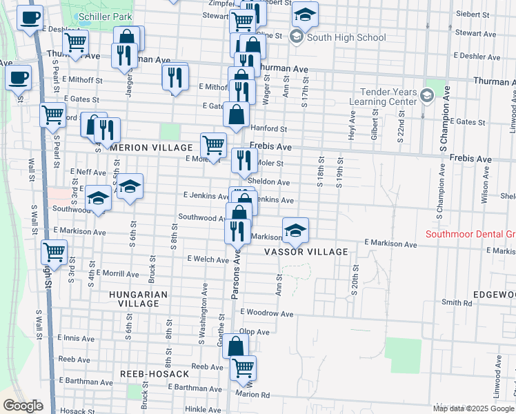 map of restaurants, bars, coffee shops, grocery stores, and more near 478 East Jenkins Avenue in Columbus