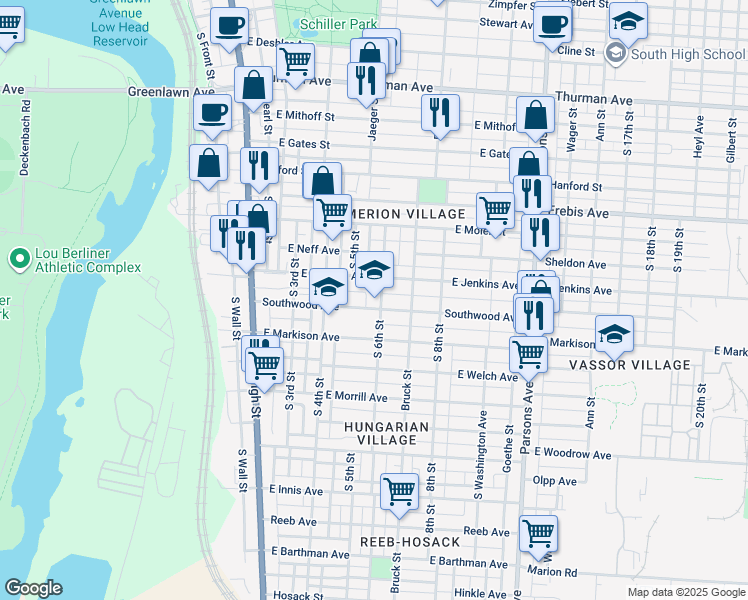 map of restaurants, bars, coffee shops, grocery stores, and more near 190 Southwood Avenue in Columbus