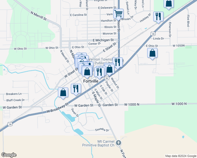 map of restaurants, bars, coffee shops, grocery stores, and more near 218 Pearl Street in Fortville