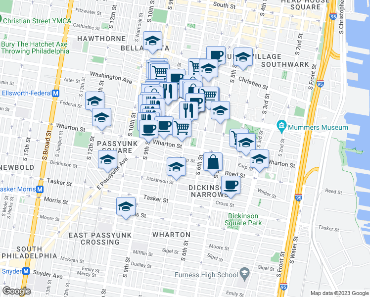 map of restaurants, bars, coffee shops, grocery stores, and more near 650 Wharton Street in Philadelphia