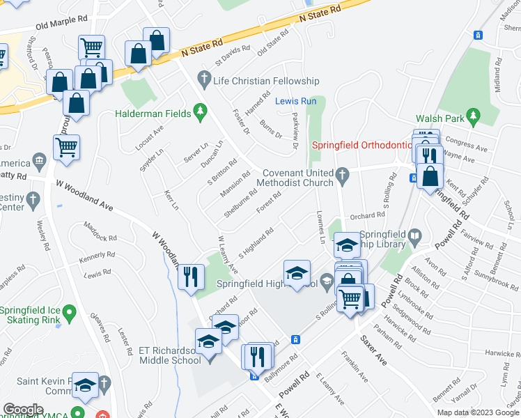 map of restaurants, bars, coffee shops, grocery stores, and more near Forest Road in Springfield