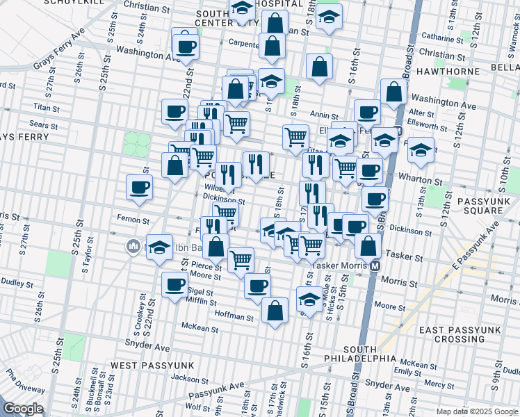 map of restaurants, bars, coffee shops, grocery stores, and more near 1826 Dickinson Street in Philadelphia