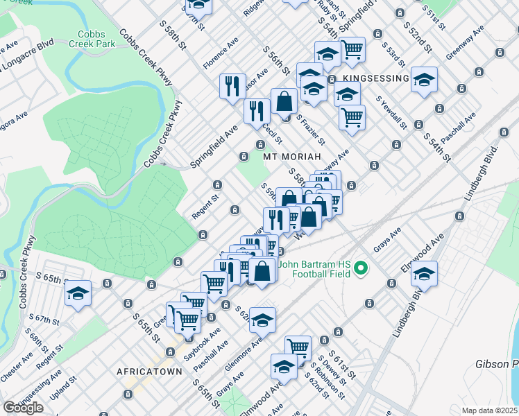 map of restaurants, bars, coffee shops, grocery stores, and more near 2033 South Salford Street in Philadelphia