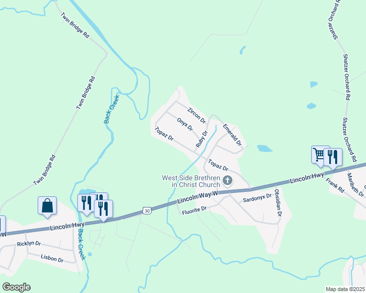 map of restaurants, bars, coffee shops, grocery stores, and more near 149 Topaz Drive in Chambersburg