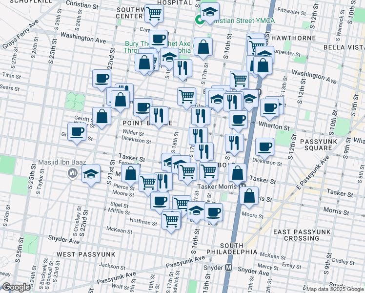map of restaurants, bars, coffee shops, grocery stores, and more near 1453 South Bouvier Street in Philadelphia