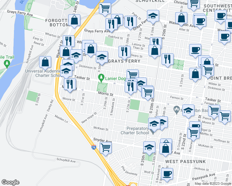 map of restaurants, bars, coffee shops, grocery stores, and more near 1645 South Newkirk Street in Philadelphia