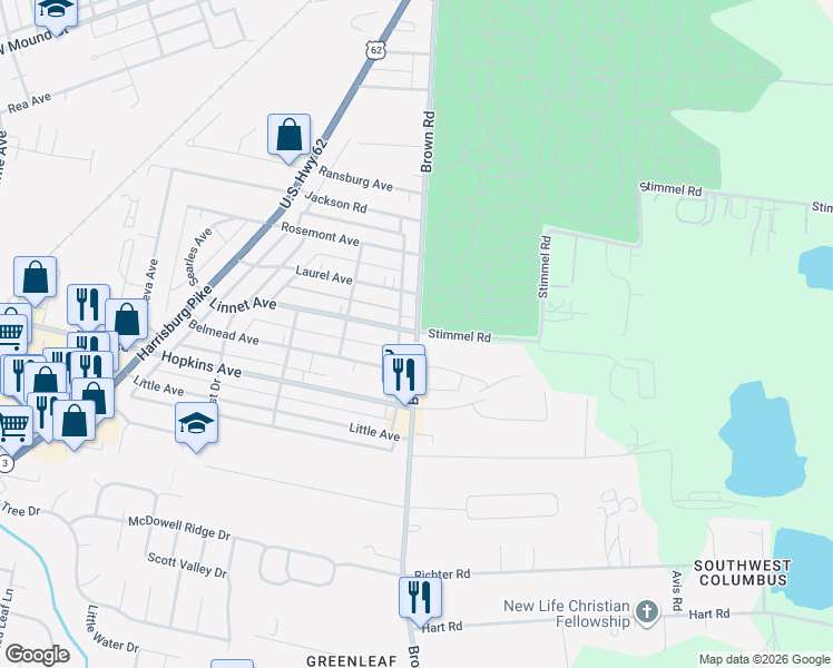 map of restaurants, bars, coffee shops, grocery stores, and more near Brown Road in Columbus